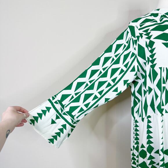 Anna Kay | Geometric White Green Bell Sleeve Flowy Short Designer Summer Dress L - Picture 4 of 11